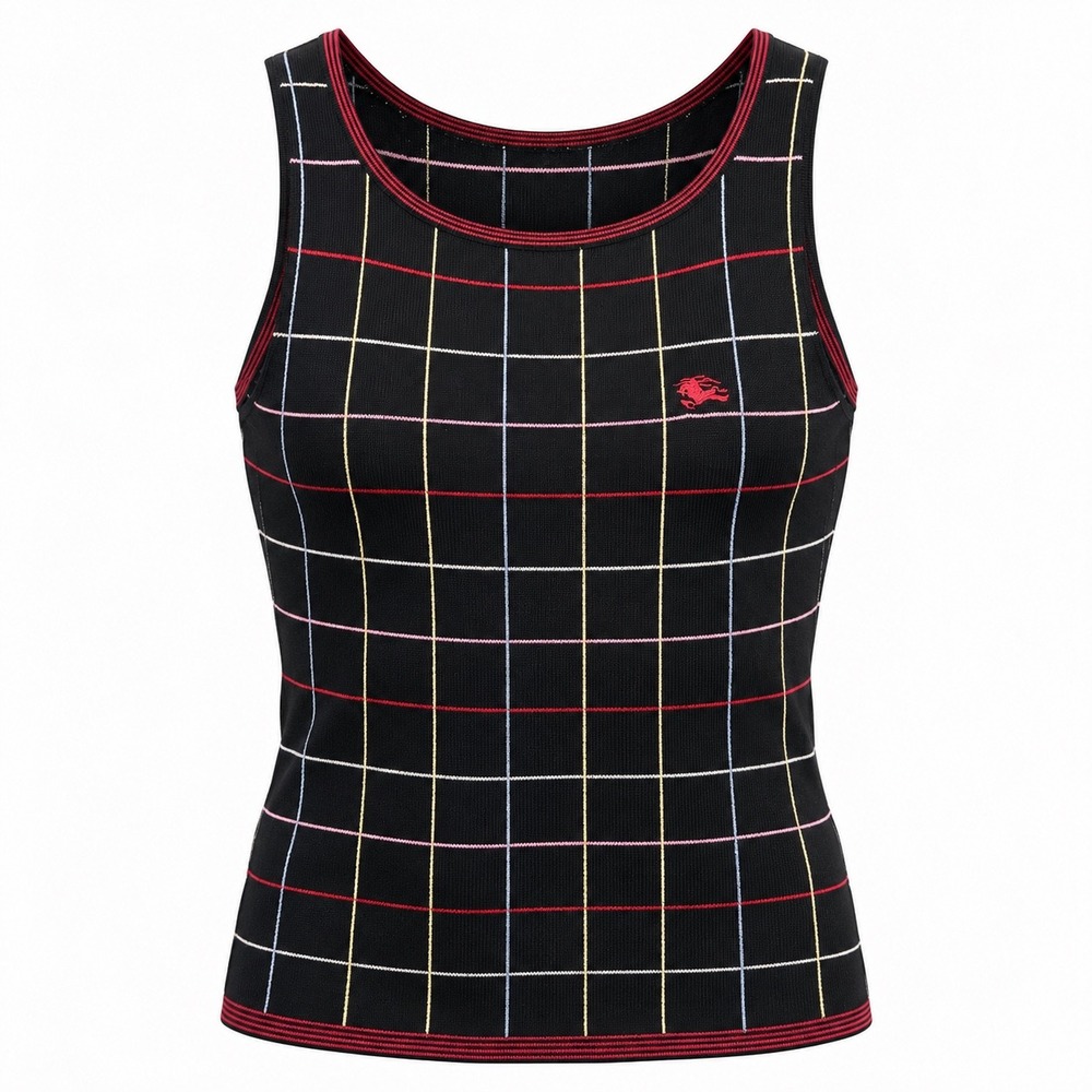 Burberry London Black Windowpane Plaid Knit Tank Top Red Knight Logo Scoop Neck
